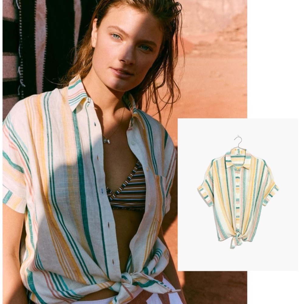 Madewell Pineapple Stripe Linen Tie Front Shirt